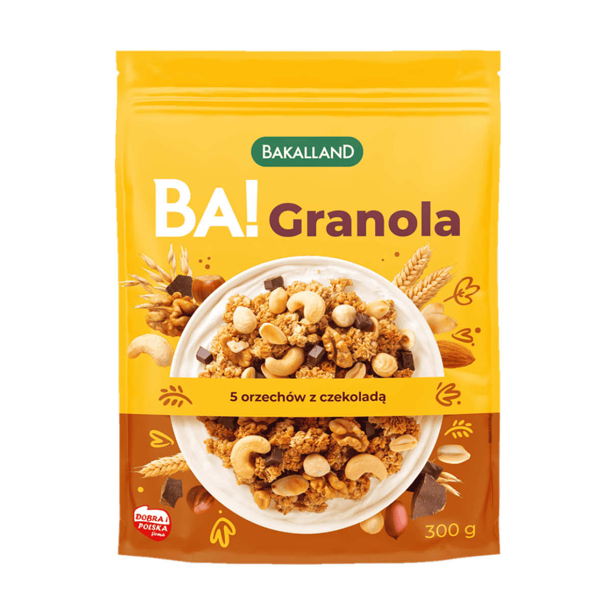 granola 5 orzechow z czekolada GRANOLA BA! 5 ORZECHÓW Z CZEKOLADĄ 300G BAKALLAND