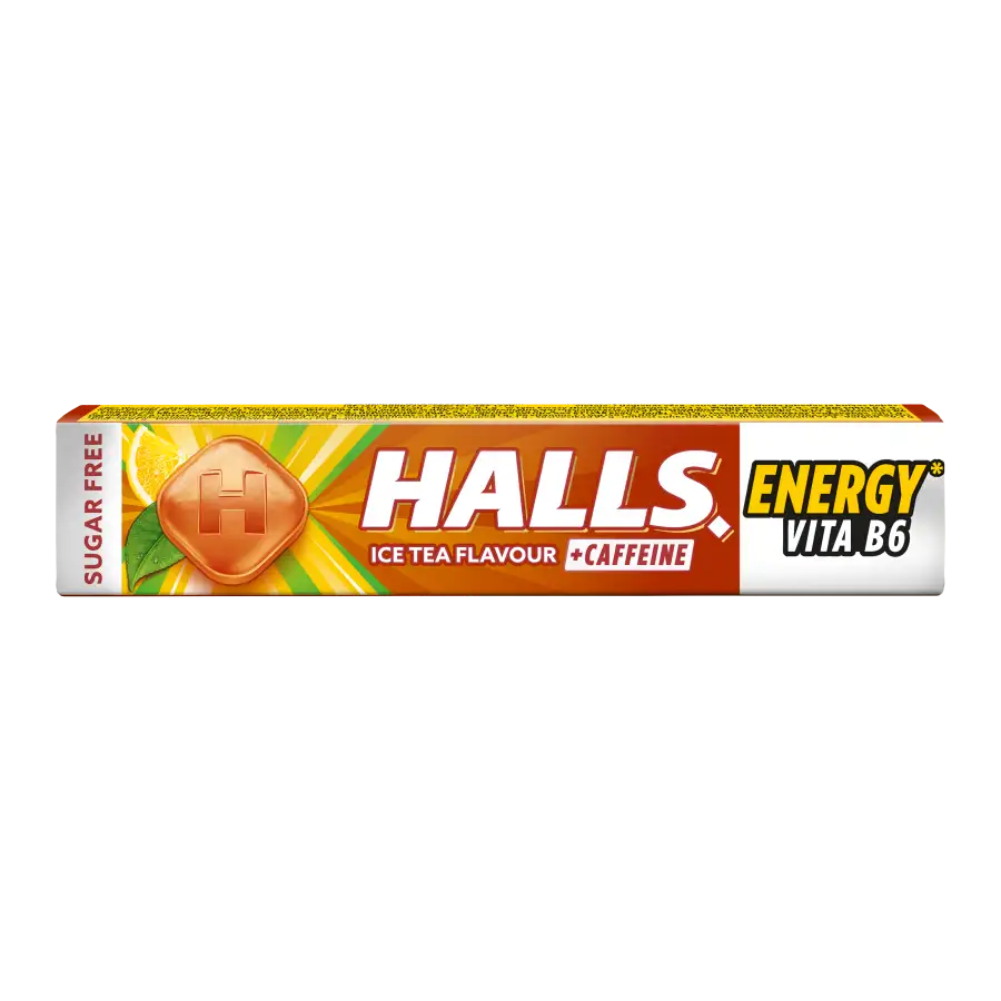 Halls Energy Ice Tea Bezcukrowe Cukierki z Kofeiną i Witaminą B6 32 g
