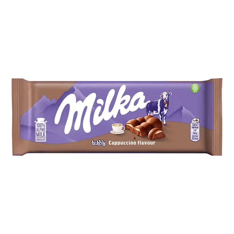 Milka Bubbly Cappuccino Czekolada Mleczna Napowietrzona z Nadzieniem Mlecznym o Smaku Cappuccino 97 g