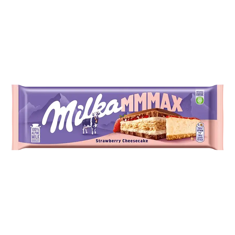 Milka MMMAX Strawberry Cheesecake Czekolada Mleczna z Herbatnikiem oraz Nadzieniem o Smaku Sernika i Truskawkowym 300 g