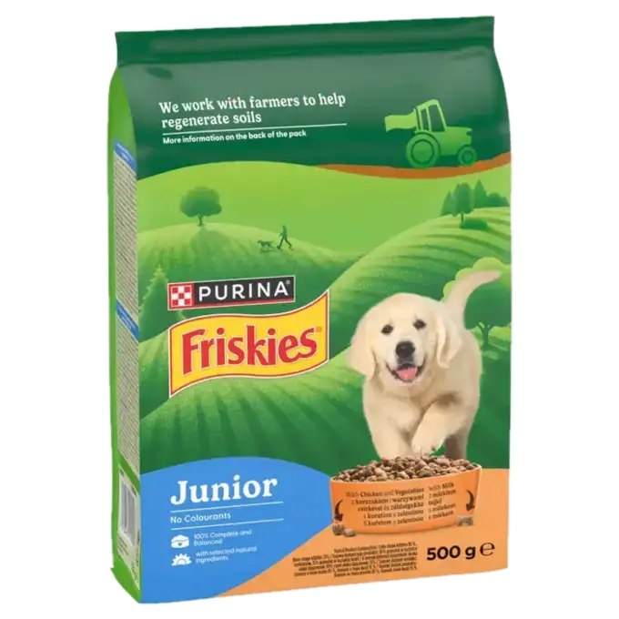 friskies junior 500 Friskies Junior Sucha Karma dla Szczeniąt z Kurczakiem i Warzywami z Mlekiem 500 g