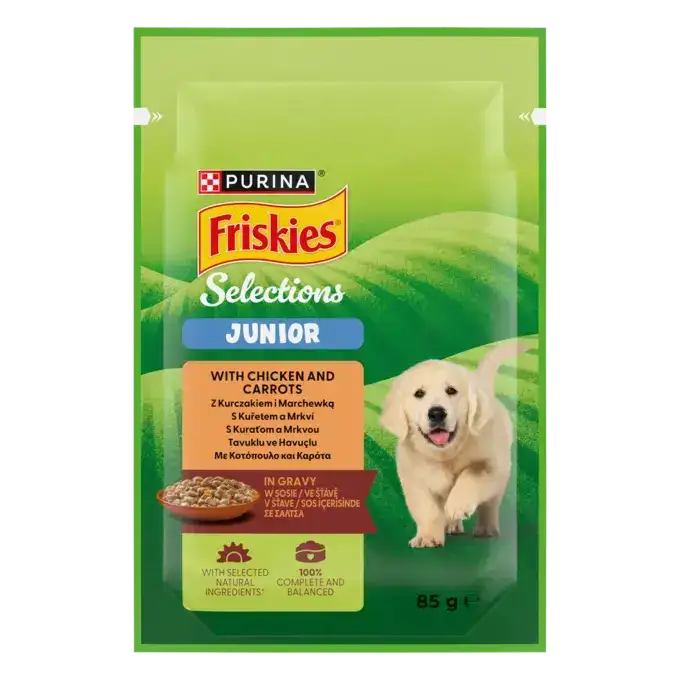 Friskies Junior Karma dla Szczeniąt z Kurczakiem i Marchewką w Sosie 85 g